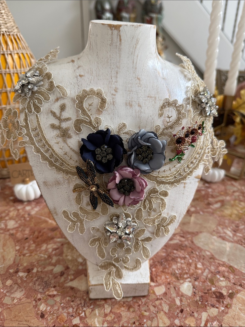 Aratta Floral Appliqué Necklace in Navy, Gray and Mauve